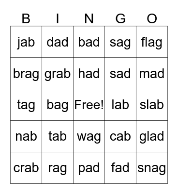 Sort 28:  -ad, -ab, -ag Bingo Card