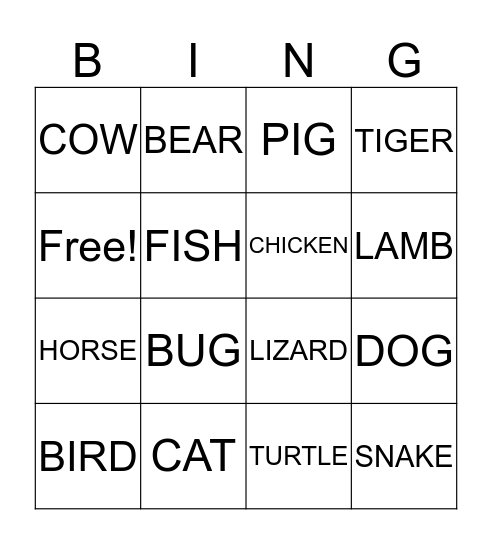 Animal Bingo Card
