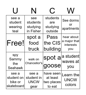 UNCW Bingo  Bingo Card