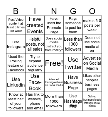 Business Page Social Media  Bingo Card