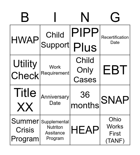 Public Assistance Benefits Bingo Card