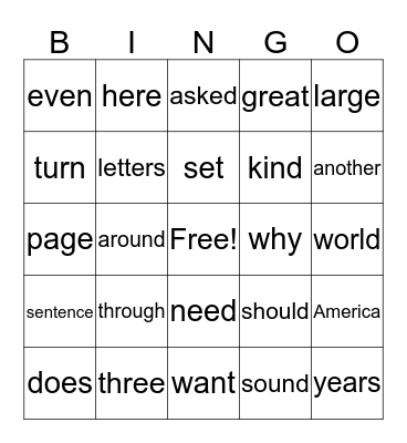 Fry 150 word Bingo Card