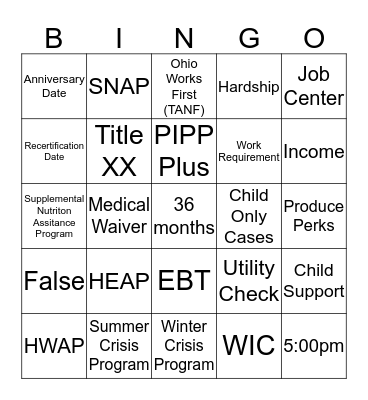 Public Assistance Benefits Bingo Card
