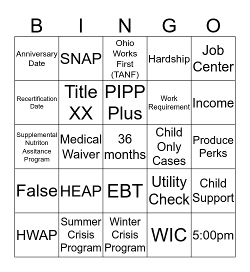 Public Assistance Benefits Bingo Card