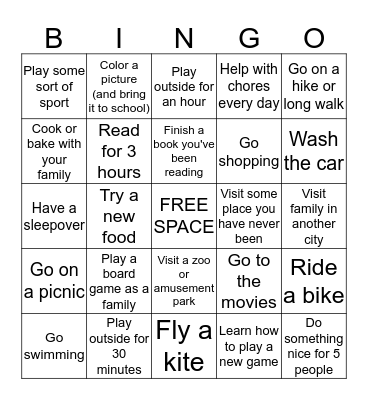Spring Break BINGO Card