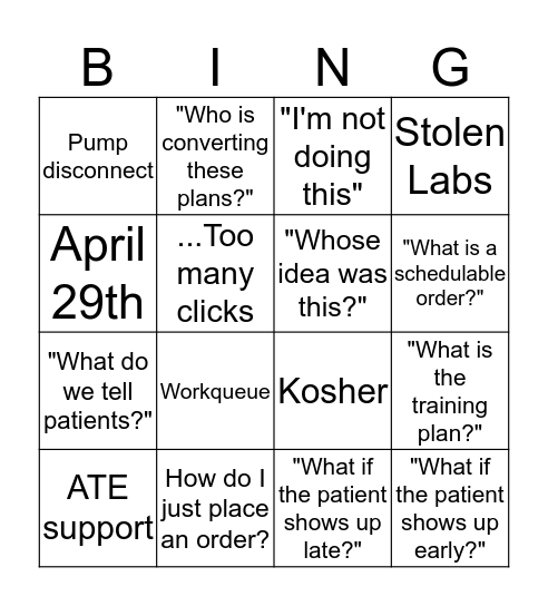 Schedulable Orders Bingo Card