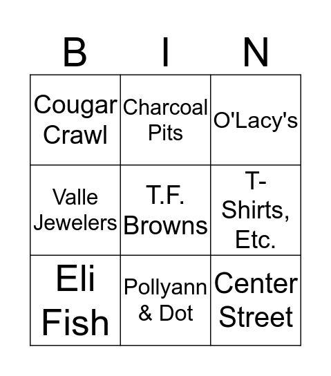 Cougar Corn Hole Crawl Bingo Card