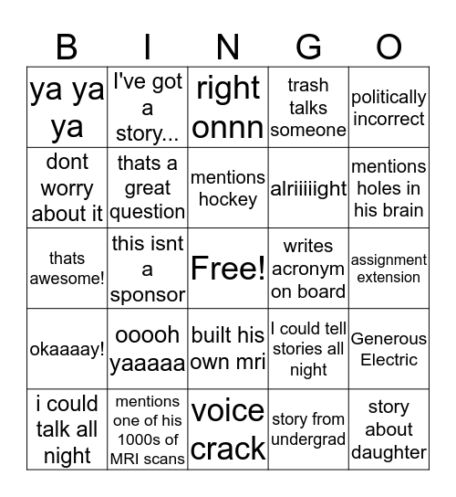 Noseworthy Lecture Bingo Card