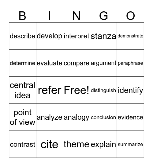 Academic Vocabulary Bingo Card