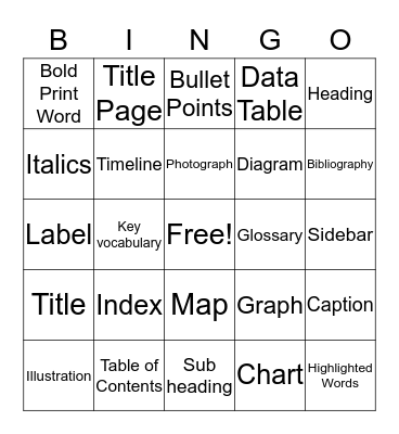 Text and Graphic Features Bingo Card