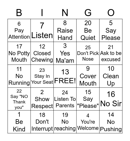 Manners Bingo Card