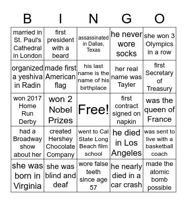 Biography Bingo Card