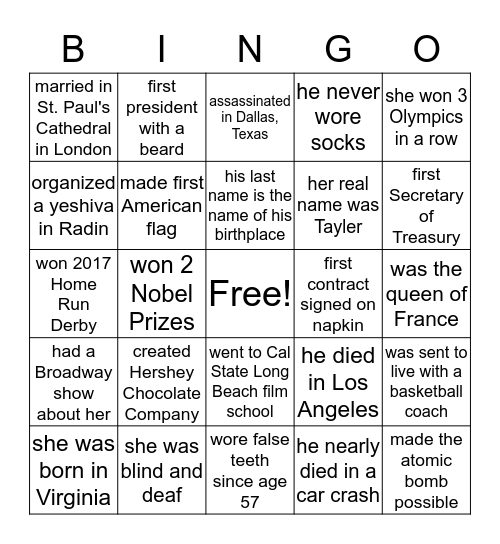 Biography Bingo Card