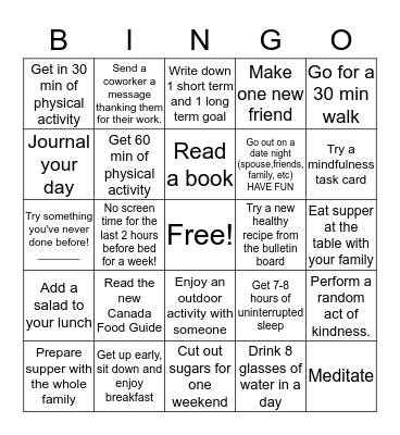 CCSS Staff Wellness BINGO Card