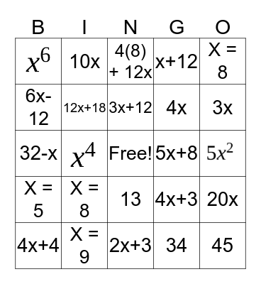 Algebra Bingo Card