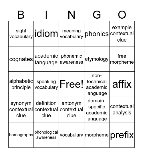 RICA Vocabulary Bingo Card