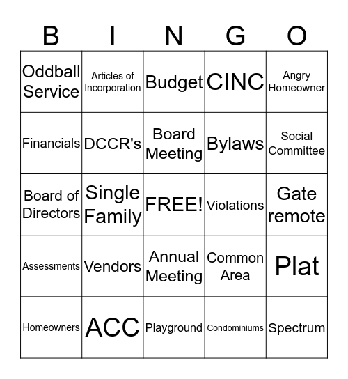 HOA Bingo Card