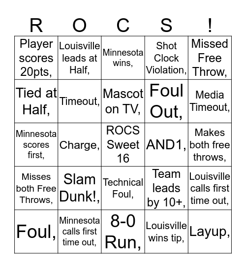ROCS Sweet 16: Minnesota vs. Louisville Bingo Card