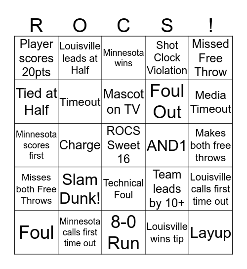 ROCS Sweet 16: Minnesota vs. Louisville Bingo Card