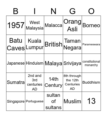 Malaysia Bingo Card