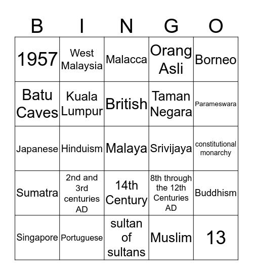 Malaysia Bingo Card