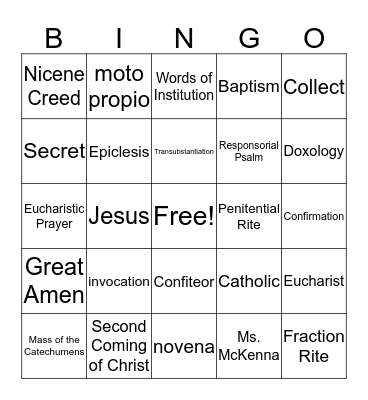 Eucharist Bingo Card