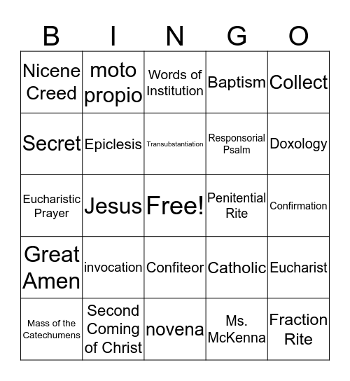 Eucharist Bingo Card