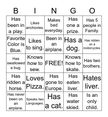 Getting To Know You Bingo Card