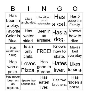 Getting To Know You Bingo Card