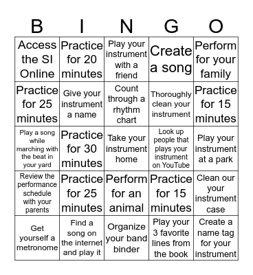 JMS Band Spring Break Bingo Card