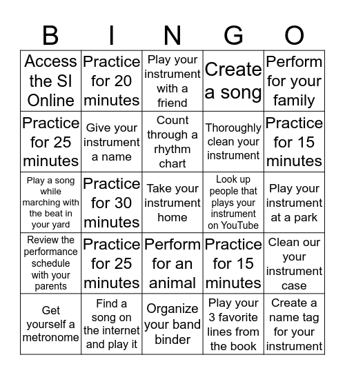 JMS Band Spring Break Bingo Card