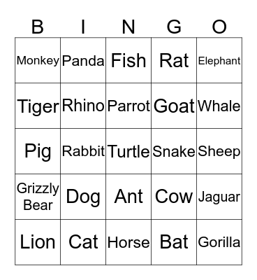 ANIMALS Bingo Card