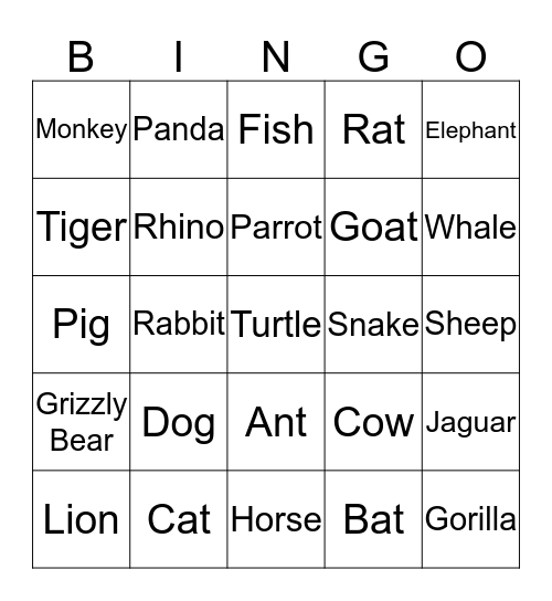 ANIMALS Bingo Card