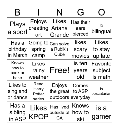 Get to Know You Bingo Card