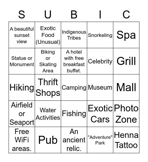 Vacation Bingo Card