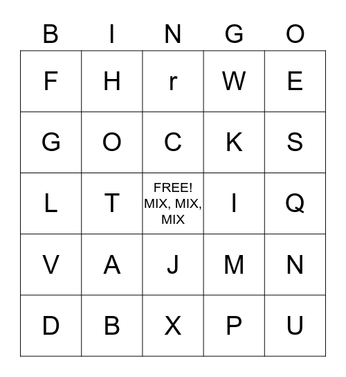 MIX, MIX, MIX Bingo Card