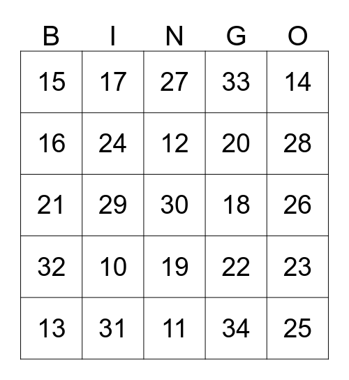 Number Bingo Card