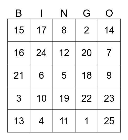 Number Bingo Card