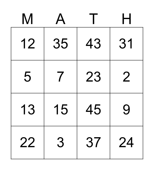 Math Bingo (Addition) Bingo Card