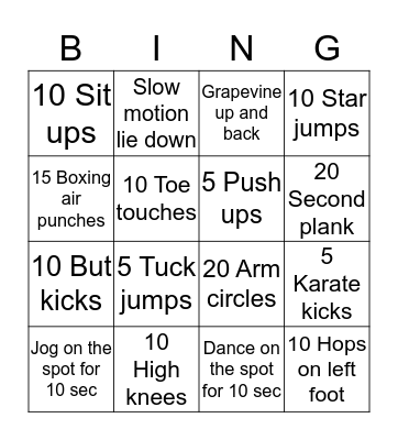Fitness Bingo Card