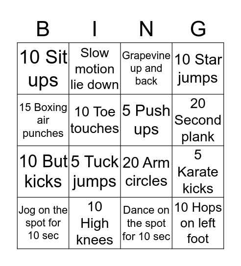 Fitness Bingo Card