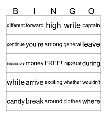 Sight Words Bingo Card