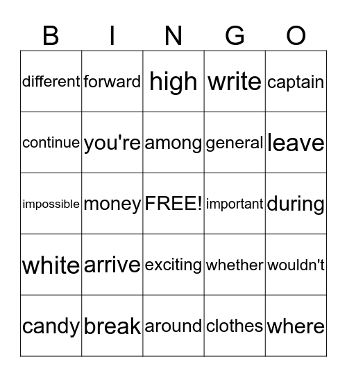 Sight Words Bingo Card