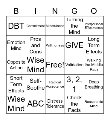 DBT Skills Bingo! Bingo Card