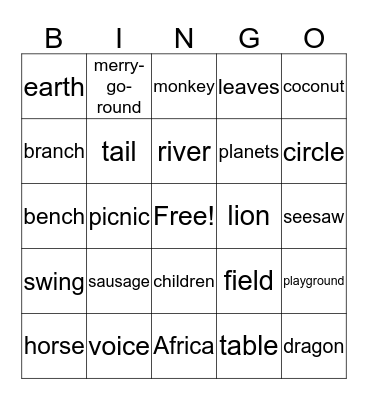 The Enormous Crcodile- nouns Bingo Card