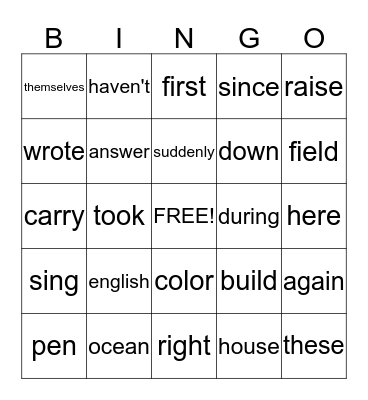 Sight Words Bingo Card