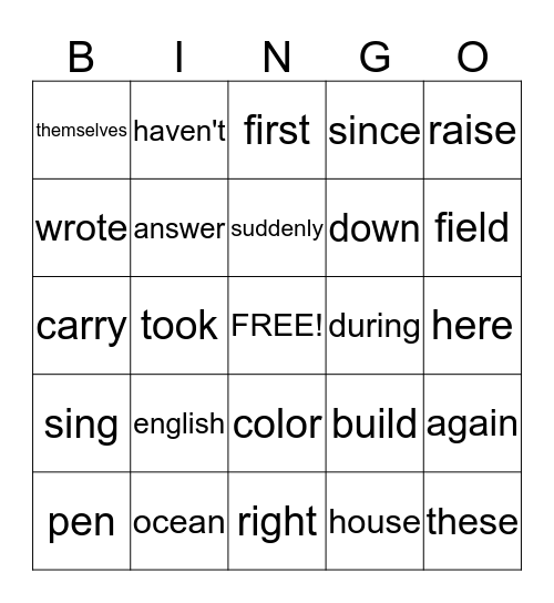 Sight Words Bingo Card