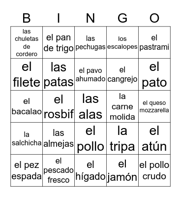 Meat, Poultry, Seafood, and Deli Bingo Card