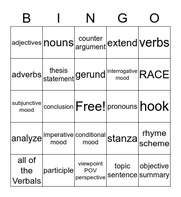 ELA Vocabulary Bingo Card