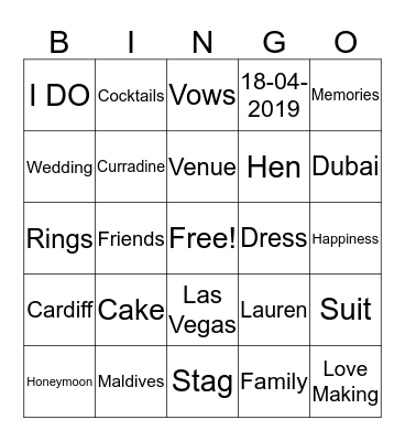 Lauren's Hen 2019 Bingo Card
